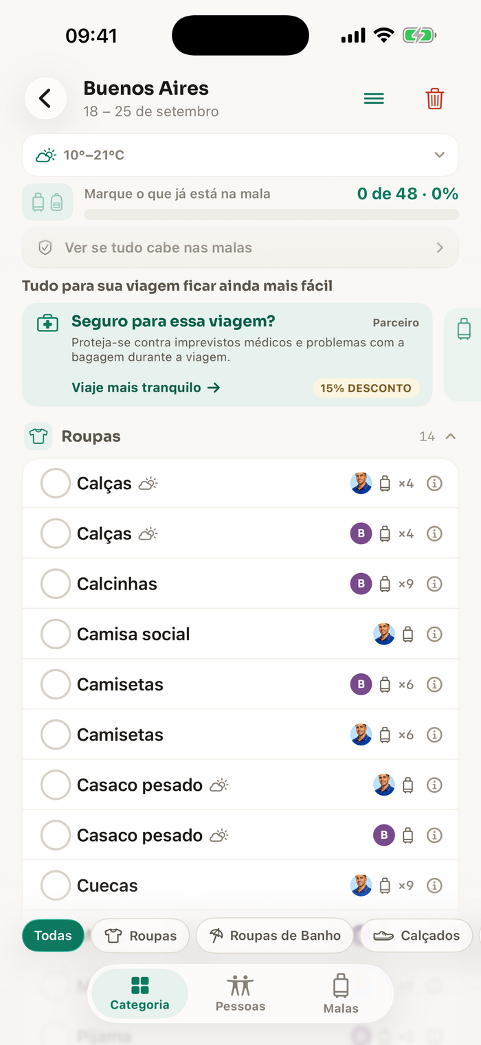 Lista de bagagem do NaMala